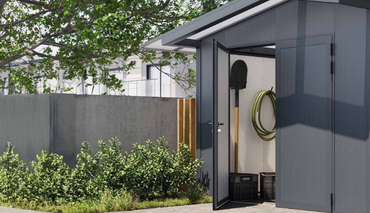 Abri de jardin aluminium anthracite portes ouvertes, rangement tondeuse et outils — fournisseur NFI