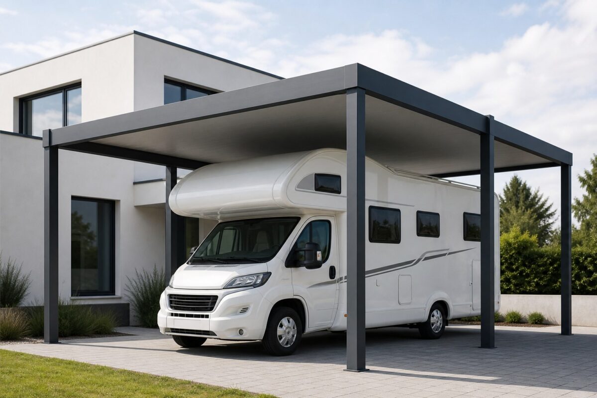 Grand carport aluminium anthracite à 4 poteaux abritant un camping-car blanc devant une maison contemporaine