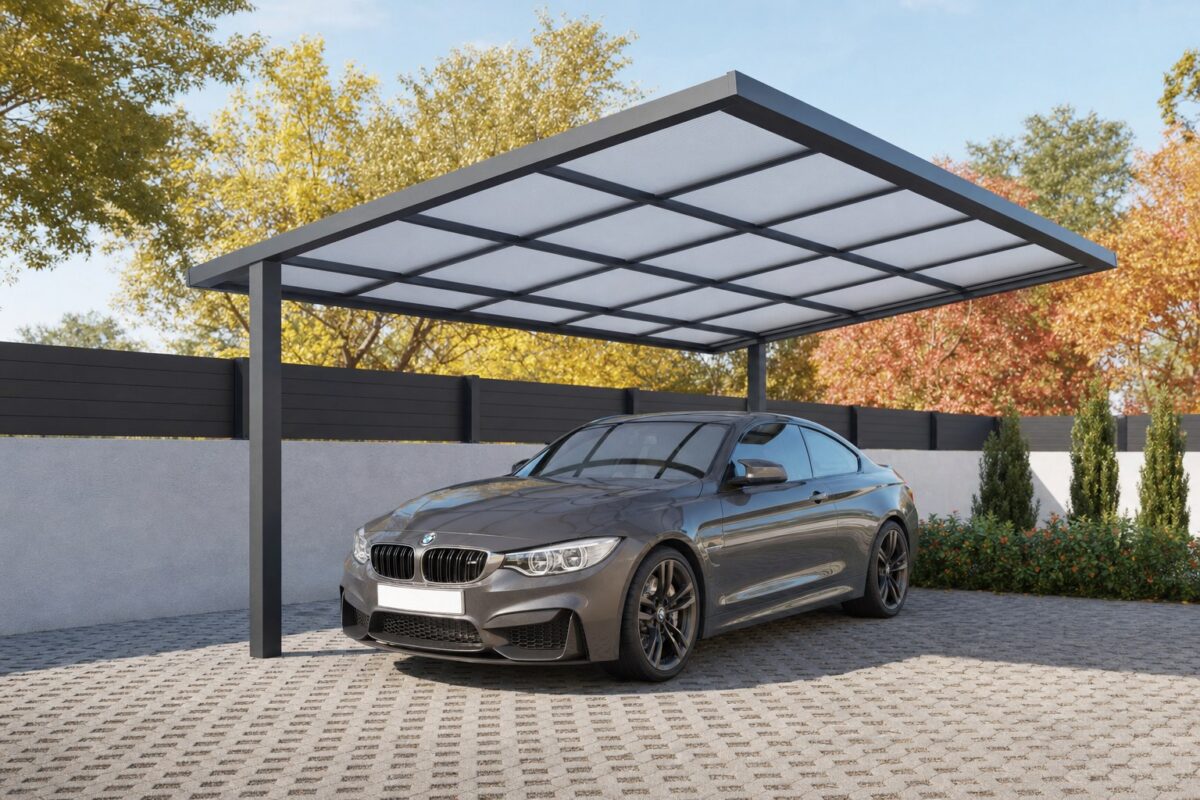 Carport Grandlux Design aluminium anthracite à 2 poteaux, toiture polycarbonate, voiture sous abri — gamme NFI