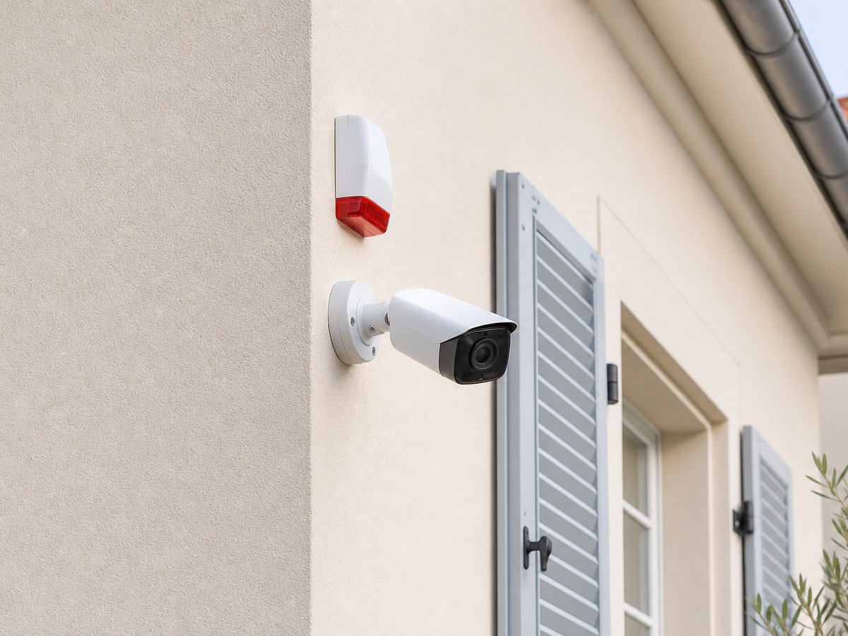 Caméra de surveillance et alarme installées sur façade de maison