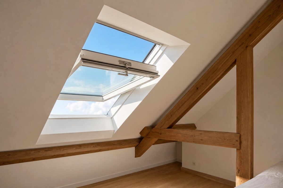Fenêtre de toit type Velux ouverte par rotation dans des combles, sans volet extérieur