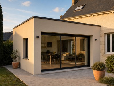 Véranda ou extension à toit plat accolée à une maison individuelle avec acrotère