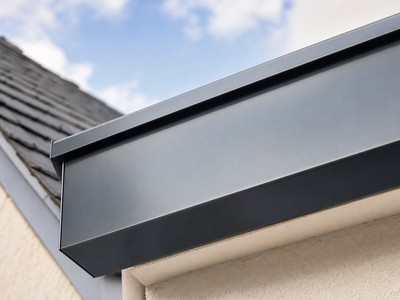 Gros plan sur un profilé de cache-bandeaux en aluminium laqué pour habillage de toit