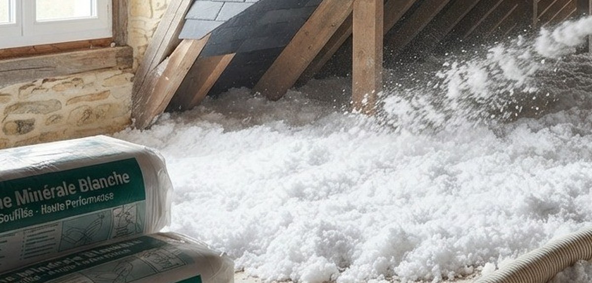 Laine minérale blanche soufflée (type Isover) pour isolation de combles perdus