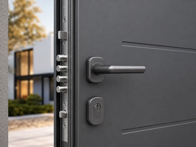Porte d'entrée en acier anthracite avec serrure multipoints, aspect robuste et sécurisant