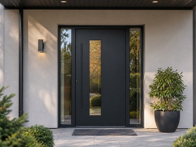 Porte d'entrée aluminium gris anthracite aux profilés fins avec bande vitrée verticale