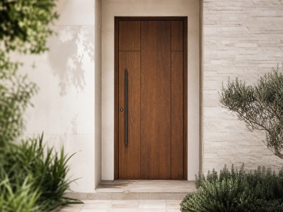 Porte d'entrée en bois massif teinte chêne avec finition vernie sur façade en pierre