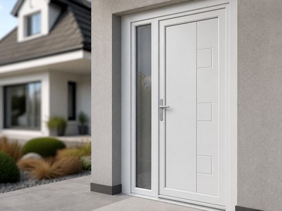 Porte d'entrée PVC blanche moderne à panneau géométrique sur façade claire