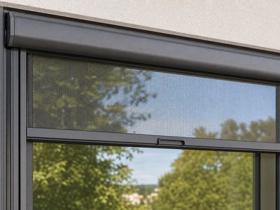 Moustiquaire enroulable en aluminium à moitié déroulée sur une fenêtre