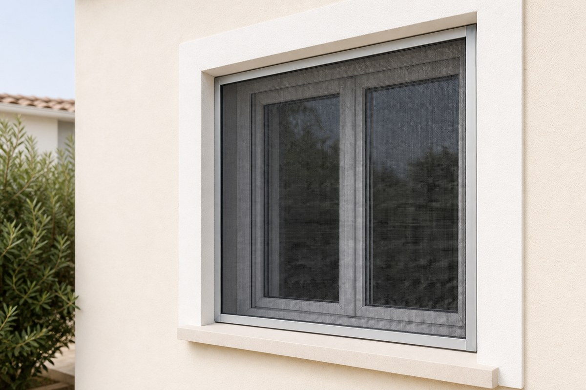 Moustiquaire fixe classique à cadre aluminium, montée à plat sur une fenêtre