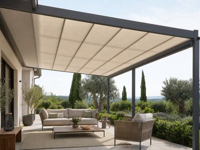 Pergola à toile rétractable déployée au-dessus d'une terrasse avec salon de jardin