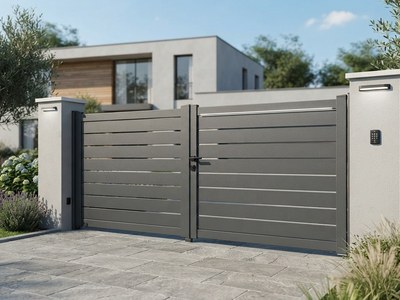 Gros plan sur un portail battant en aluminium gris anthracite à l'entrée d'une propriété résidentielle