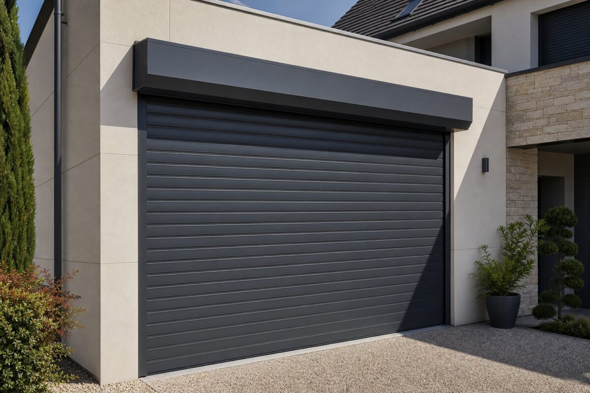 Porte de garage enroulable anthracite avec caisson en façade