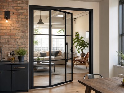 Porte intérieure style atelier verrière noire entre cuisine et salon lumineux