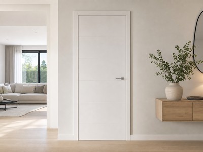 Porte intérieure contemporaine laquée blanche dans un couloir lumineux