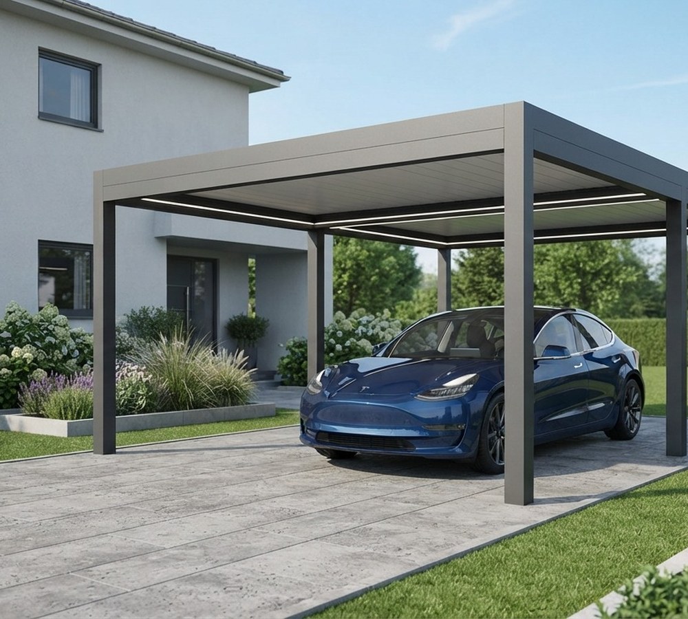 Carport voiture sur-mesure en aluminium anthracite accolé à une maison individuelle française, artisan Maison Française de l'Artisanat finalisant la structure