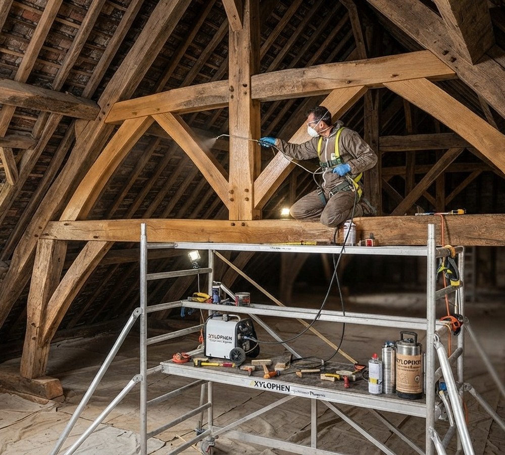 Artisan Maison Française de l'Artisanat pulvérisant un traitement sur une charpente traditionnelle en bois dans des combles