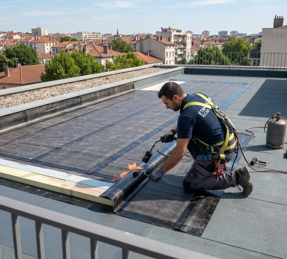 Artisan Maison Française de l'Artisanat posant une membrane d'étanchéité bitumineuse sur un toit terrasse en béton