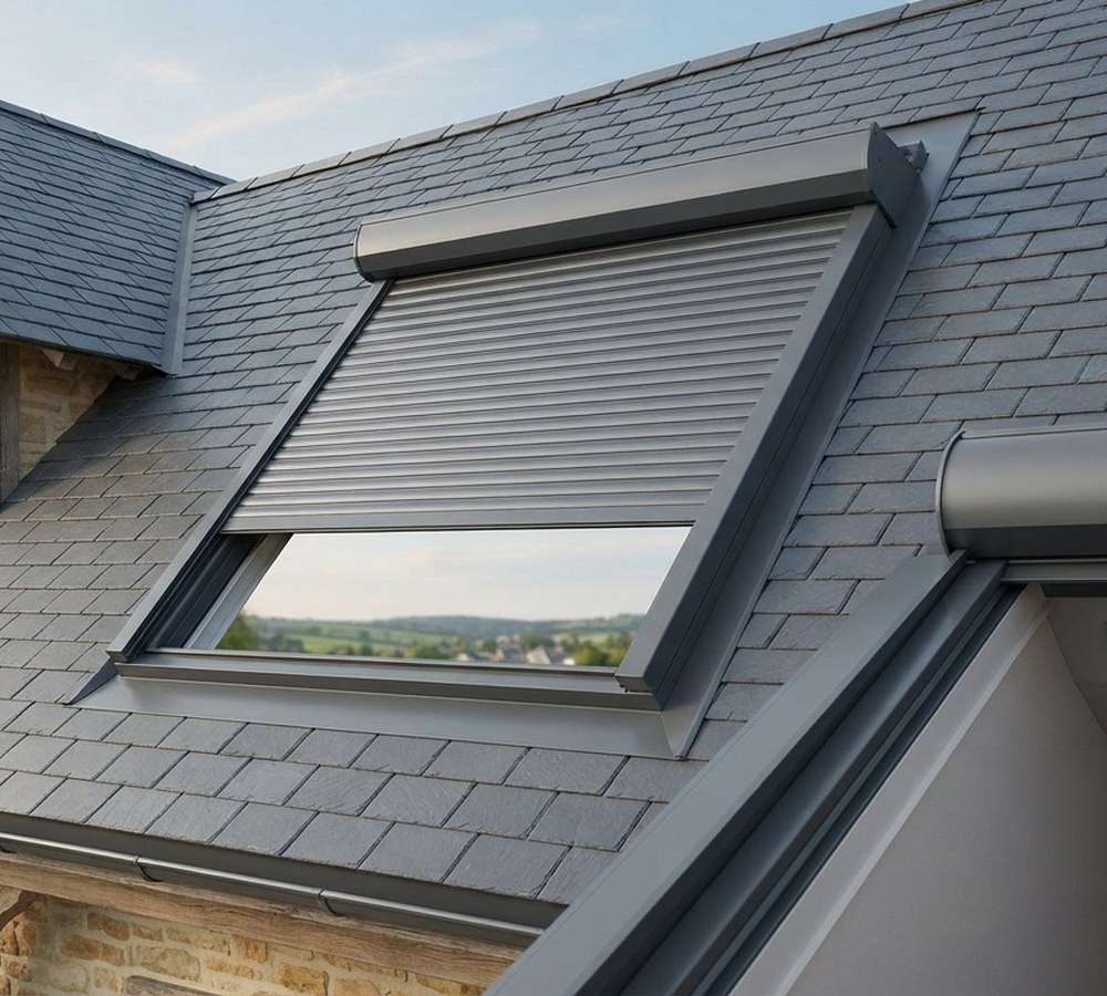 Fenêtre de toit type Velux ouverte en rotation dans des combles aménagés, lumière naturelle abondante, charpente rénovée avec isolation sous rampants