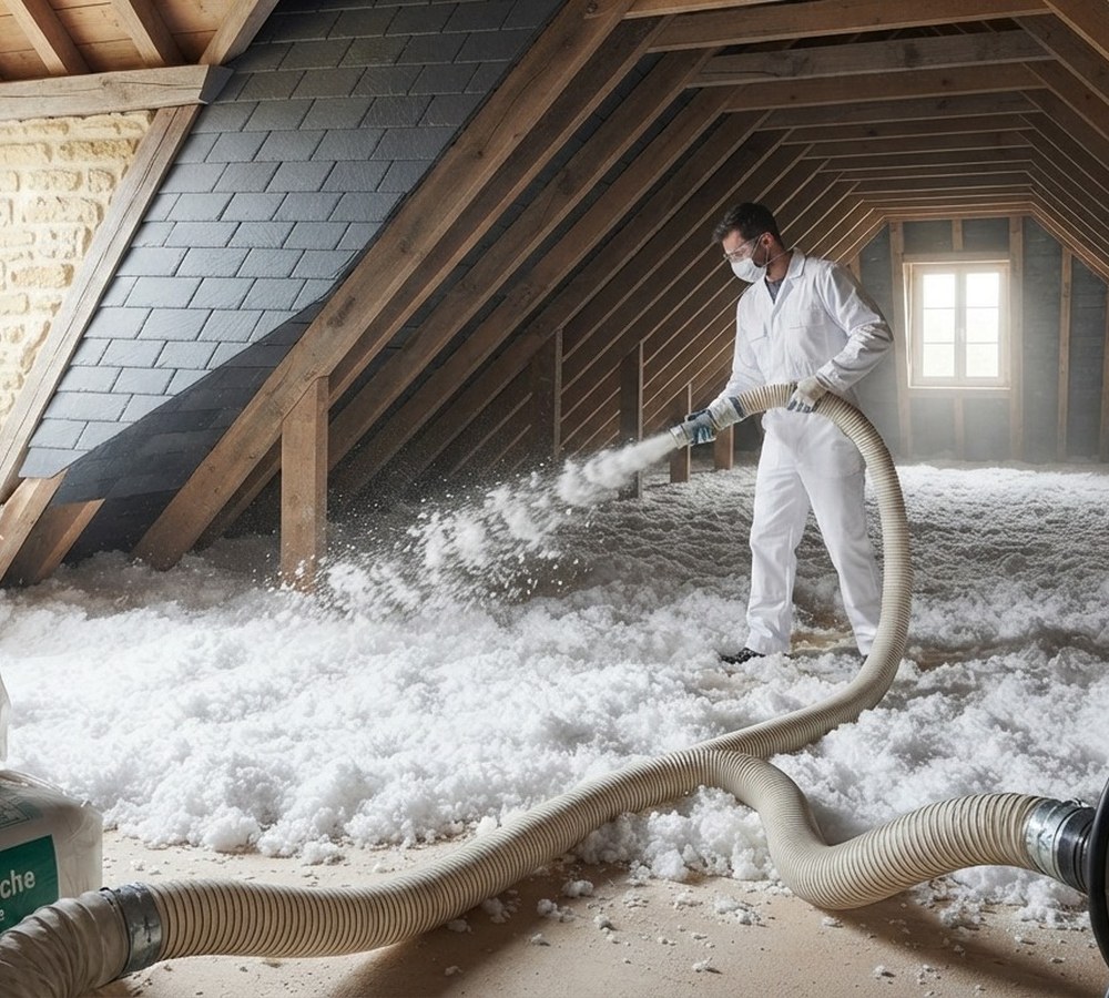 Artisan Maison Française de l'Artisanat réalisant l'isolation de combles perdus par soufflage de laine