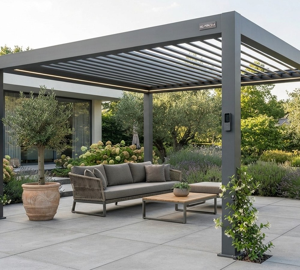 Pergola bioclimatique en aluminium avec lames orientables sur une terrasse, artisan Maison Française de l'Artisanat au premier plan