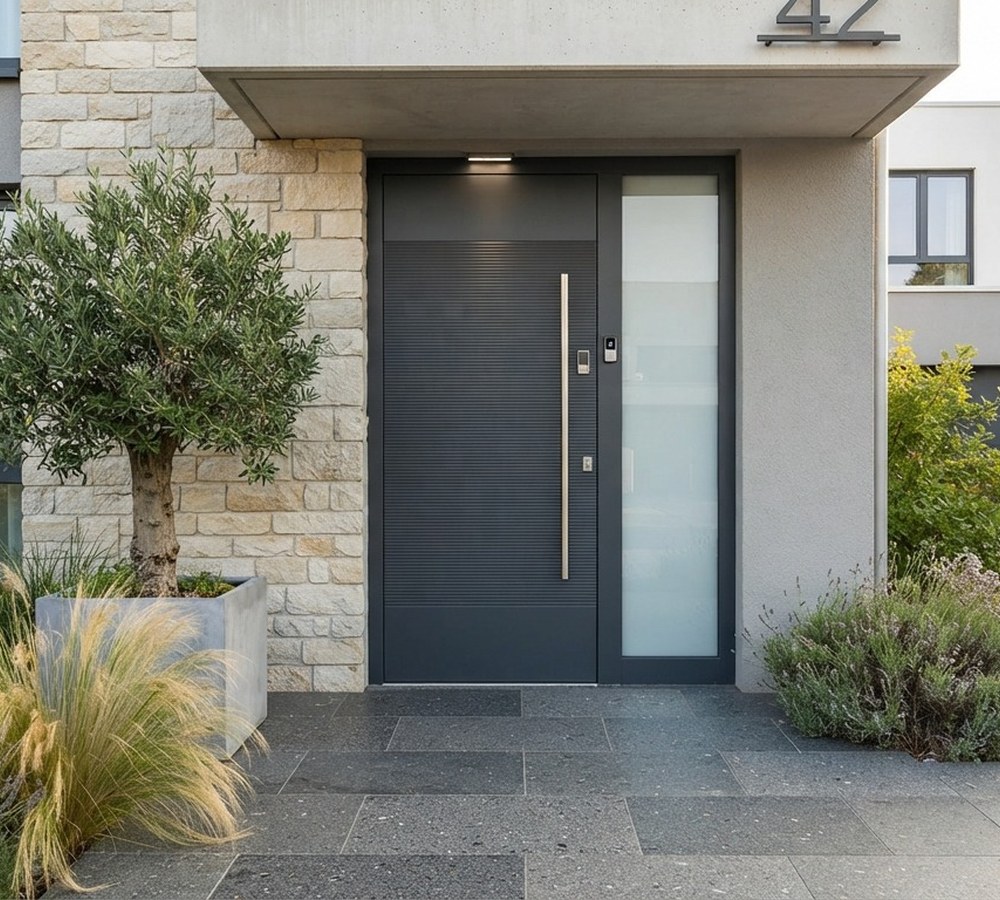 Porte d'entrée contemporaine anthracite avec vitrage latéral posée sur une façade claire par un artisan Maison Française de l'Artisanat
