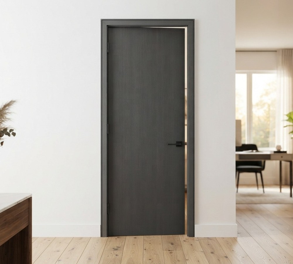 Artisan Maison Française de l'Artisanat posant une porte intérieure moderne dans un intérieur rénové
