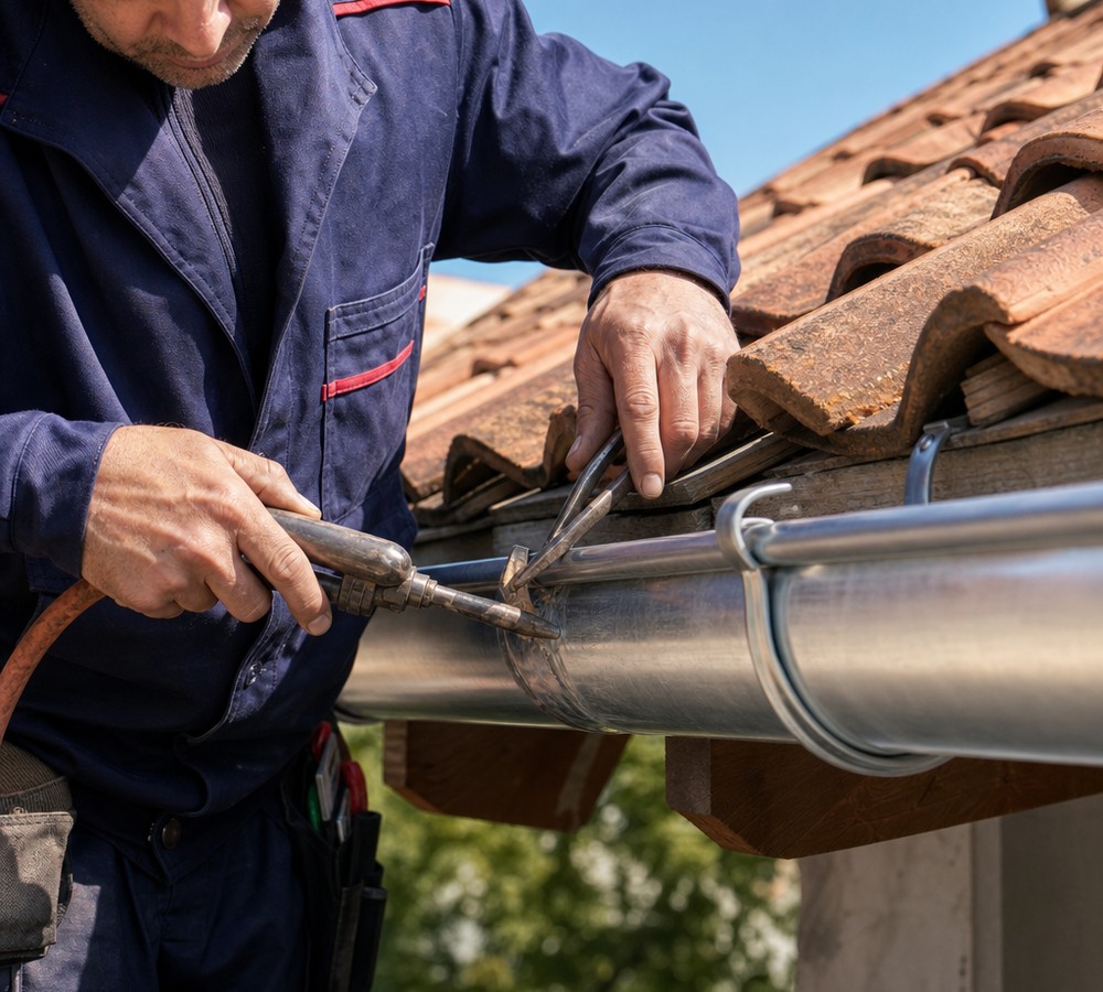 Artisan zingueur fixant une gouttière en zinc sur une toiture en tuiles