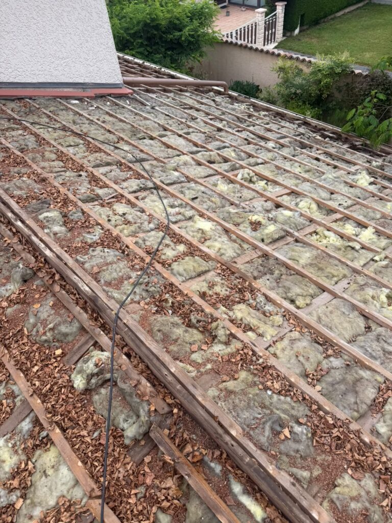 Dépose de toiture à Saint-André-de-Corcy : ancienne isolation et charpente à nu avant réfection