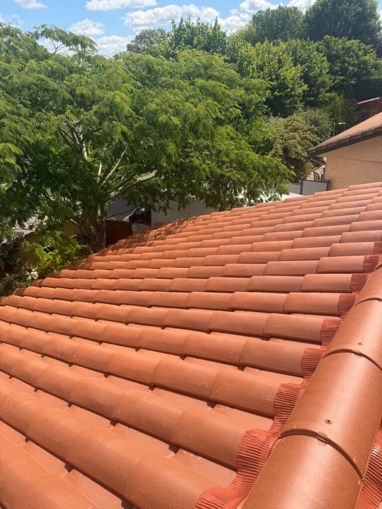 Toiture rénovée en tuiles Oméga avec faîtage et closoir ventilé