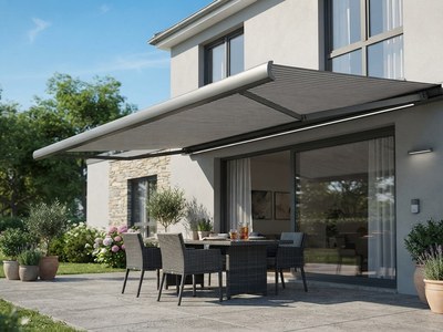 Store banne extérieur motorisé déployé en façade ombrageant une terrasse