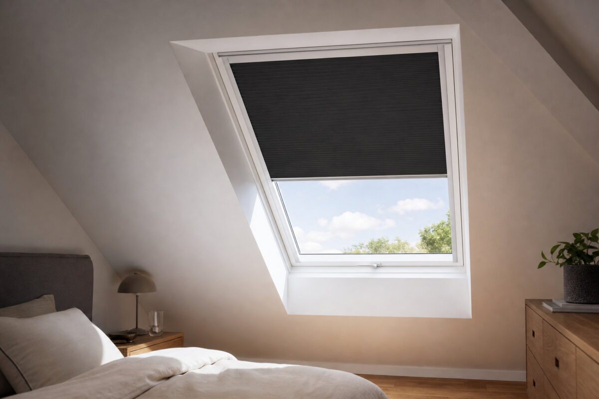 Store occultant intégré sur fenêtre de toit type Velux, tissu opaque partiellement déroulé