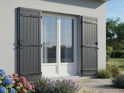 Volet battant isolé blanc en PVC ouvert sur une façade, artisan Maison Française de l'Artisanat ajustant une penture
