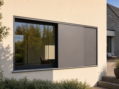 Grande baie vitrée équipée d'un volet coulissant en aluminium anthracite à moitié fermé, façade contemporaine